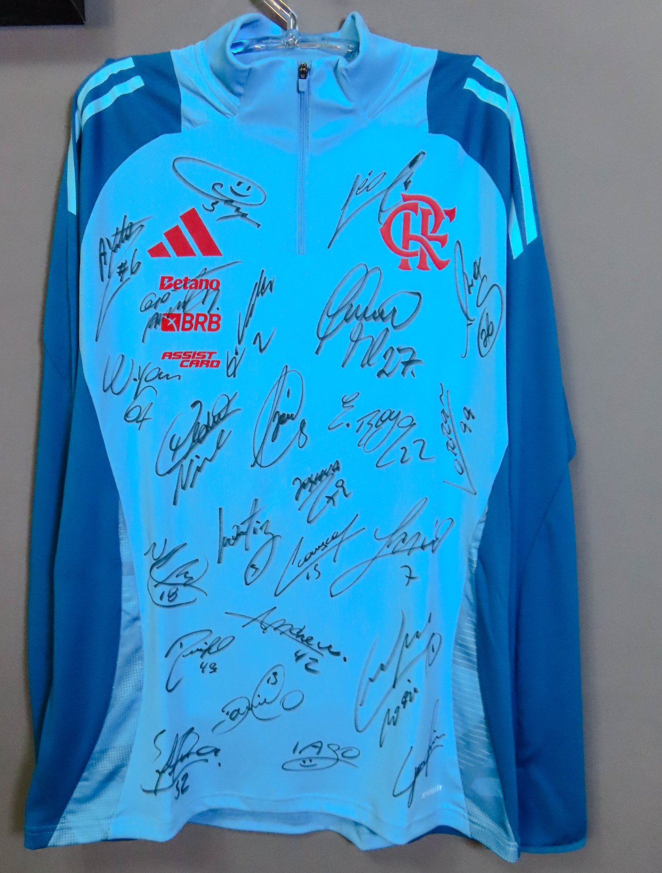 Camisa/agasalho de treino de manga longa do Flamengo - 24 autógrafos: Pulgar, Léo Pereira, Ayrton Lucas, Arrascaeta, Varela, Bruno Henrique, Alex Sandro, Wallace Yan, Pedro, Saúl, Emerson Royal, Lorran, Nicolás de la Cruz, Léo Ortiz, Joshua, Carrascal, Luiz Araújo, Andrew, Dyogo Alves, Danilo, Rossi, Iago, Evertton Araújo e Léo Jardim.