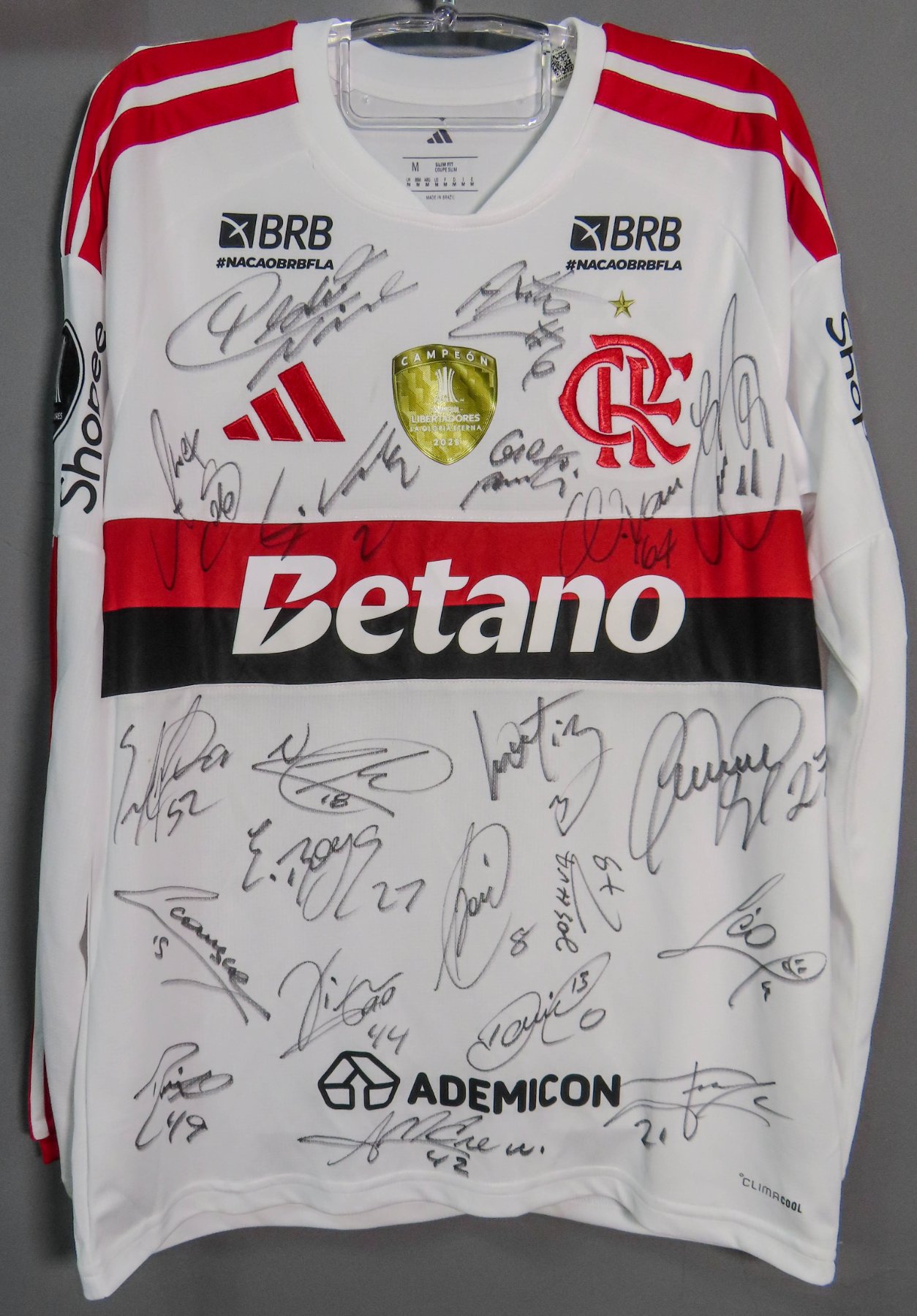 Camisa de jogo Giorgian de Arrascaeta - autógrafo manual — 21 autógrafos: Pedro, Ayrton Lucas, Alex Sandro, Varela, Arrascaeta, Wallace Yan, Everton Cebolinha, Evertton Araújo, Nicolás de la Cruz, Léo Ortiz, Bruno Henrique, Emerson Royal, Saúl, Joshua, Carrascal, Vitão, Danilo, Léo Pereira, Dyogo Alves, Andrew e Jorginho.